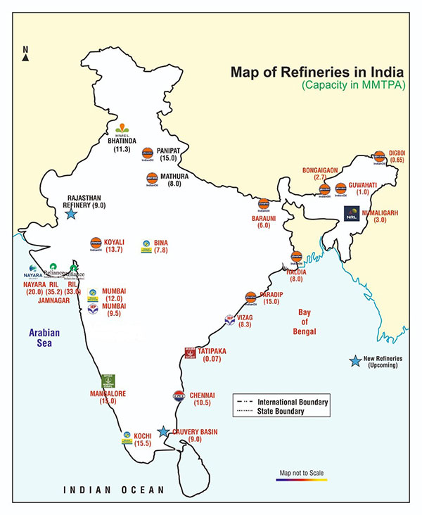 रिफाइनरियों का स्थान मानचित्र की छवि